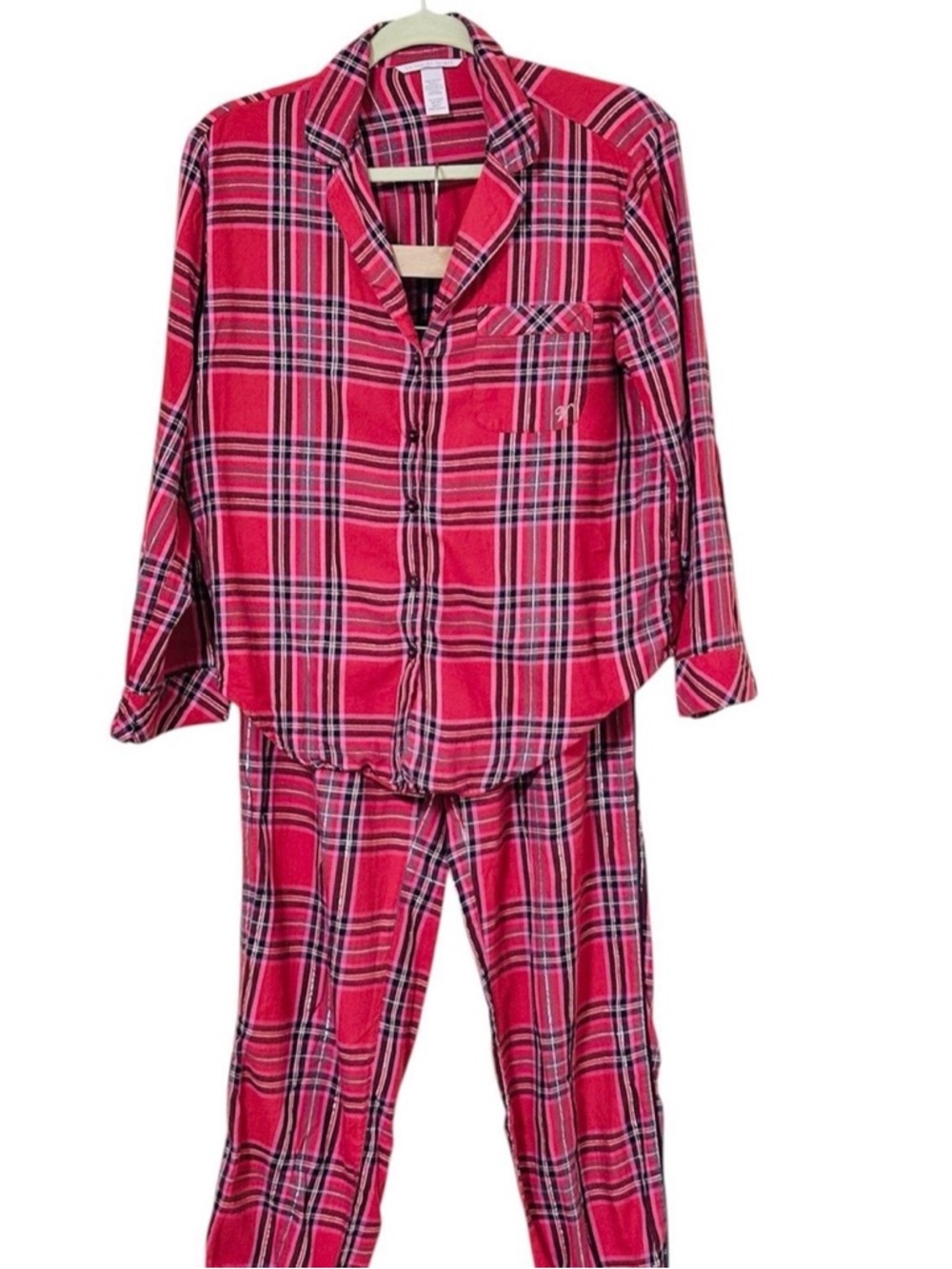 Victoria’s Secret Flannel Pajama Set Top Pants Red Plaid Gold Thread XS Lounge